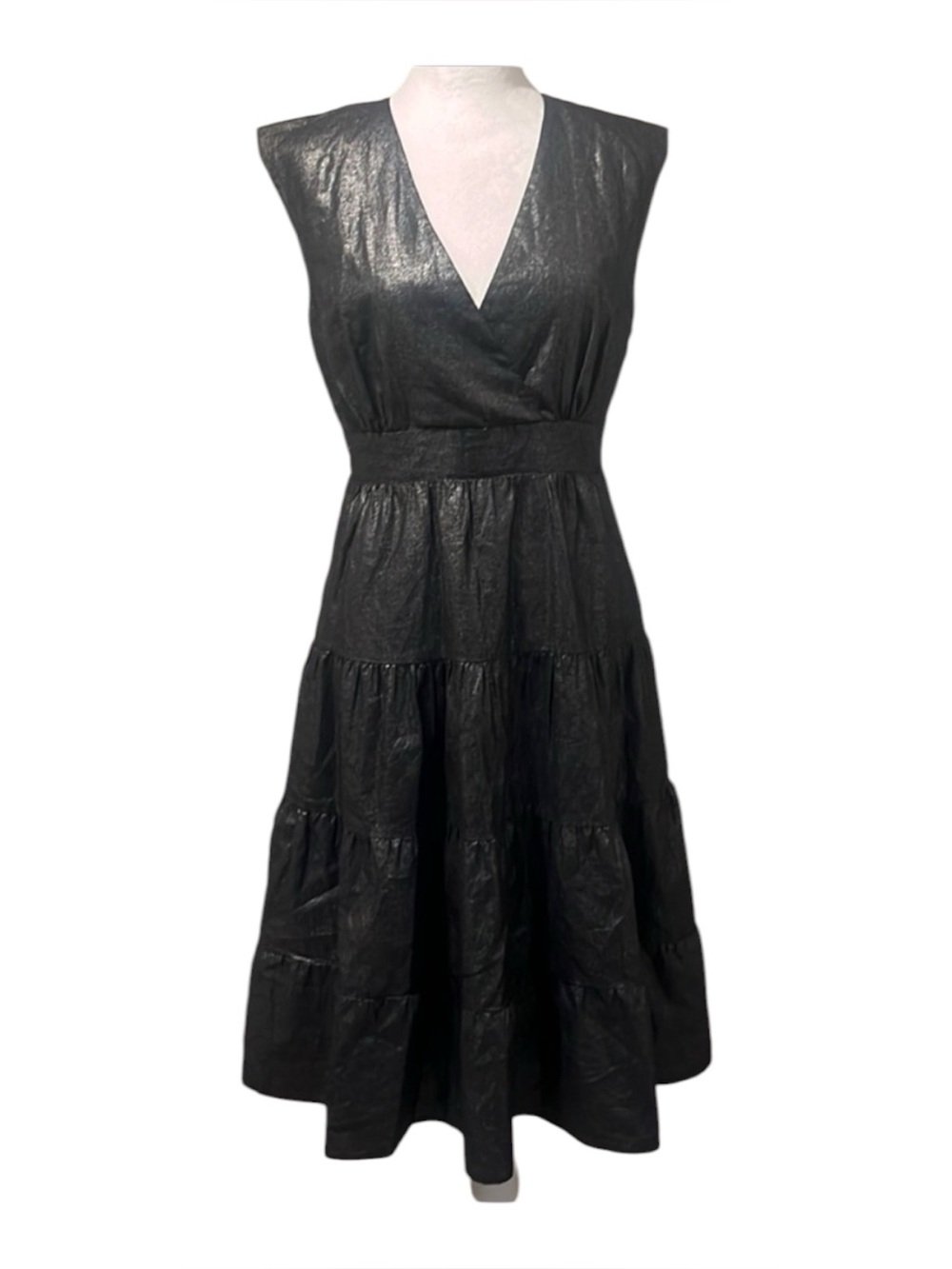 WD.NY Empire Style Sleeveless V-Neck Gray Metallic Ruffle Dress size 8